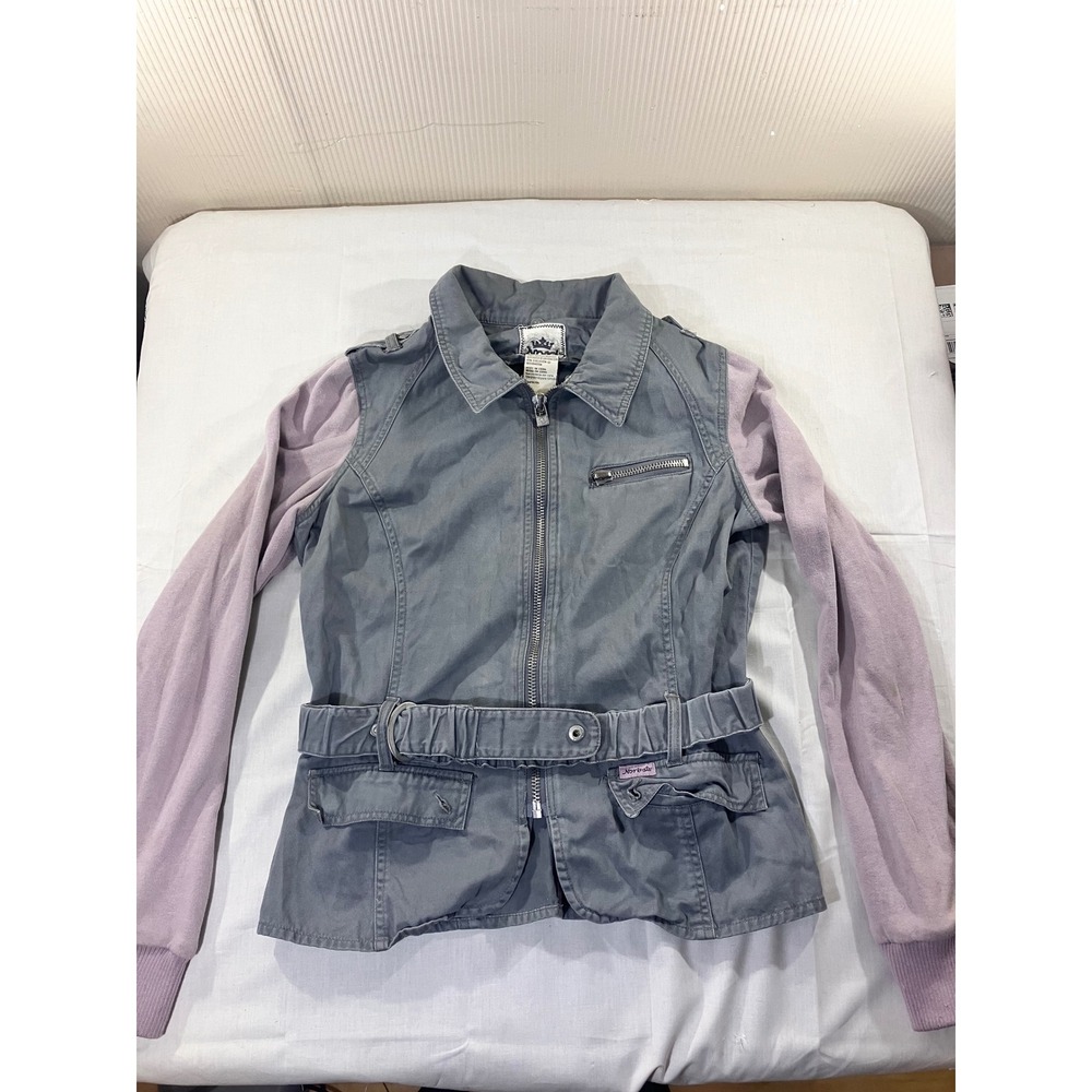 Nori Gray Cotton Blend Vest Lavender Sleeves Belted Zip Up Utility Jacket